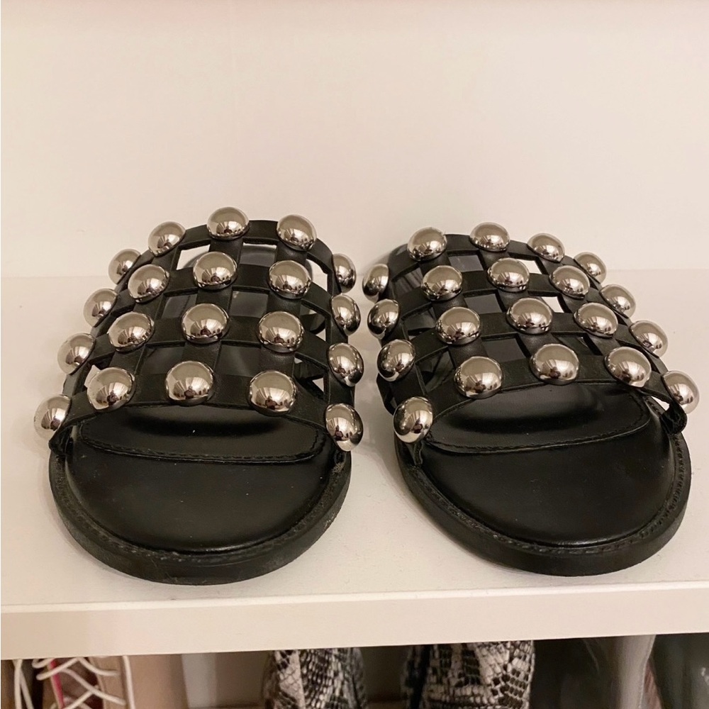 Black leather sandal slides with silver studs